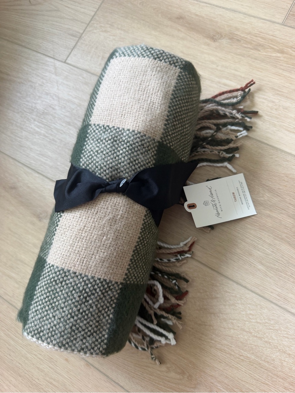 Hearth & Hand Green and Cream Check Fringe Throw